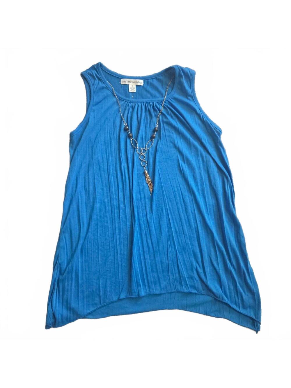 New York Laundry Blue Sleeveless Pleated Tank Top with Necklace, Size Small